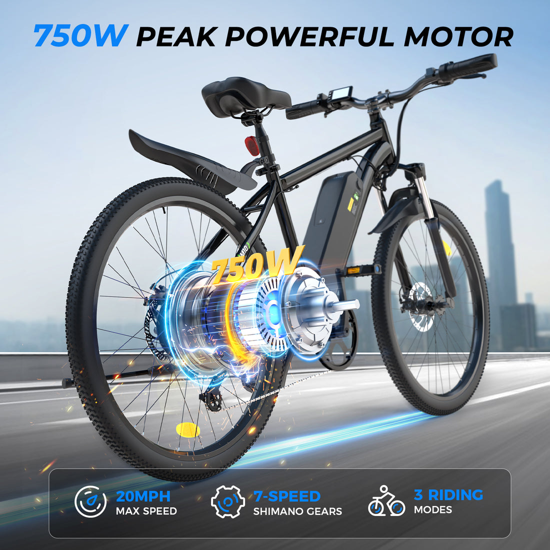 Ebike for Adults 750W Peak, 26" Mountain E-Bike, 55 Miles + 20MPH Adult Electric Bicycles for Road Sand Mountain(2-Year Protection Plan)