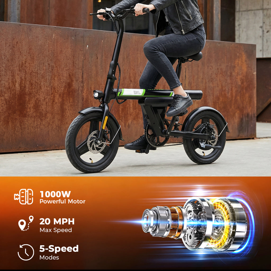 Mini Foldable Electric Bike for Adults, 1000W Peak Folding Ebike, 15 Miles 36V 7.8Ah Battery, 14" Small Adult Electric Bicycle for Commuting with APP