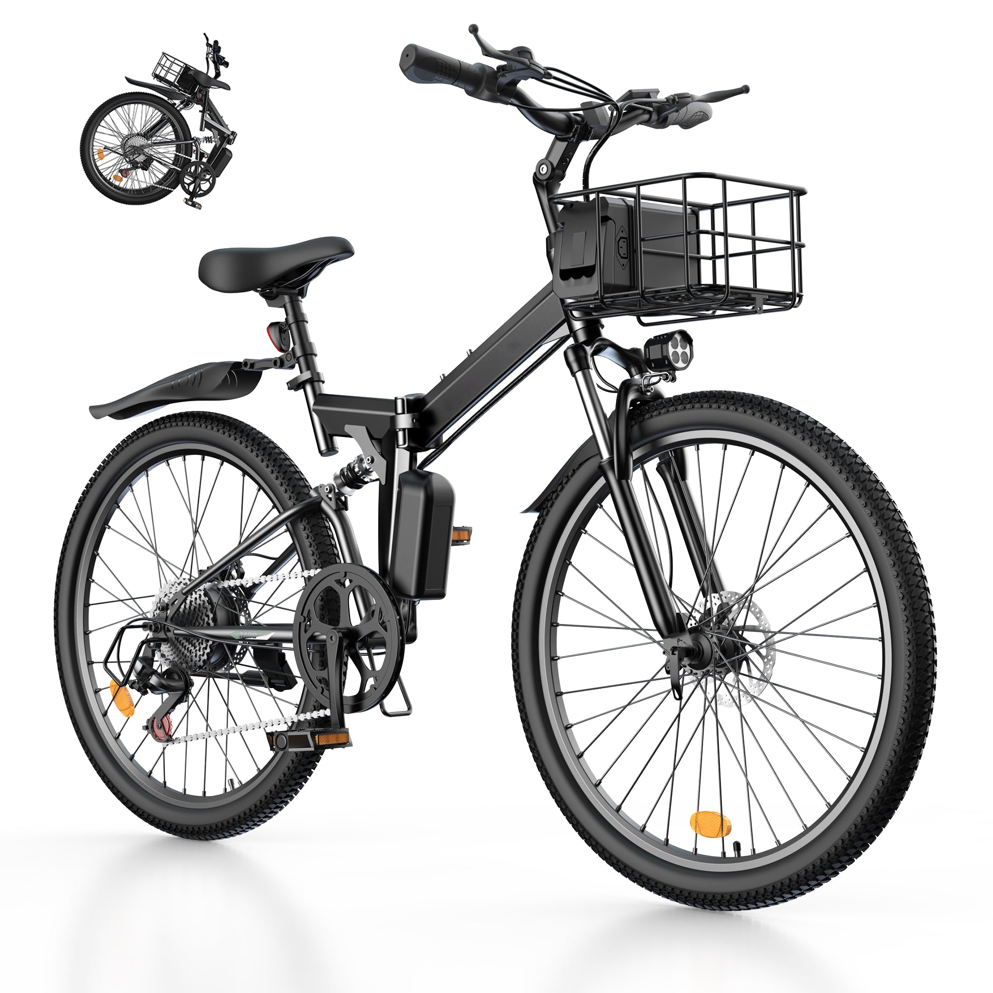 1000W Peak Folding Electric Bike for Adults, 10Ah Battery, Full Suspension 26" Commuting Ebike with Basket, 7-Speed, 20mph, Dual USB Ports, M40