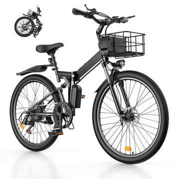 1000W Peak Folding Electric Bike for Adults, 10Ah Battery, Full Suspension 26" Commuting Ebike with Basket, 7-Speed, 20mph, Dual USB Ports, M40