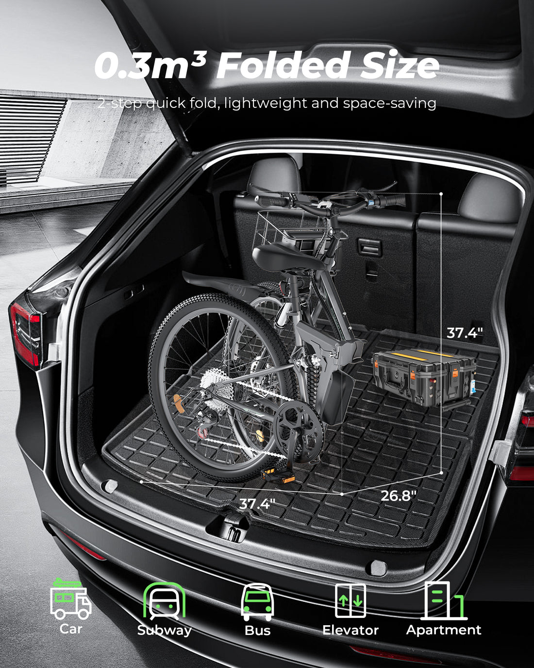 1000W Peak Folding Electric Bike for Adults, 10Ah Battery, Full Suspension 26" Commuting Ebike with Basket, 7-Speed, 20mph, Dual USB Ports, M40