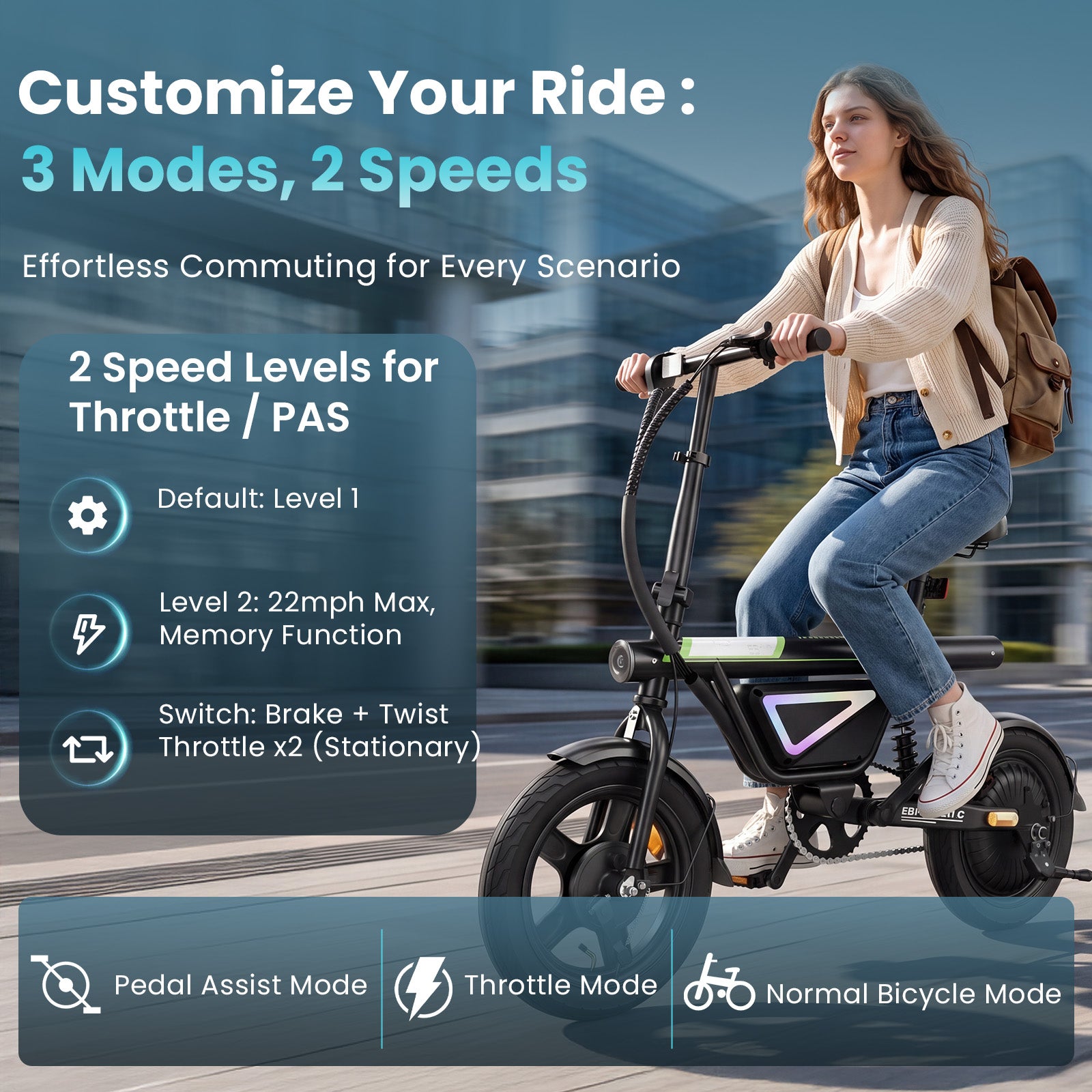 Electric Bike for Adults, 1000W Peak Motor 14" Foldable Electric Bike, Up to 25 Miles Range 36V Battery Electric Bicycle for Commuting