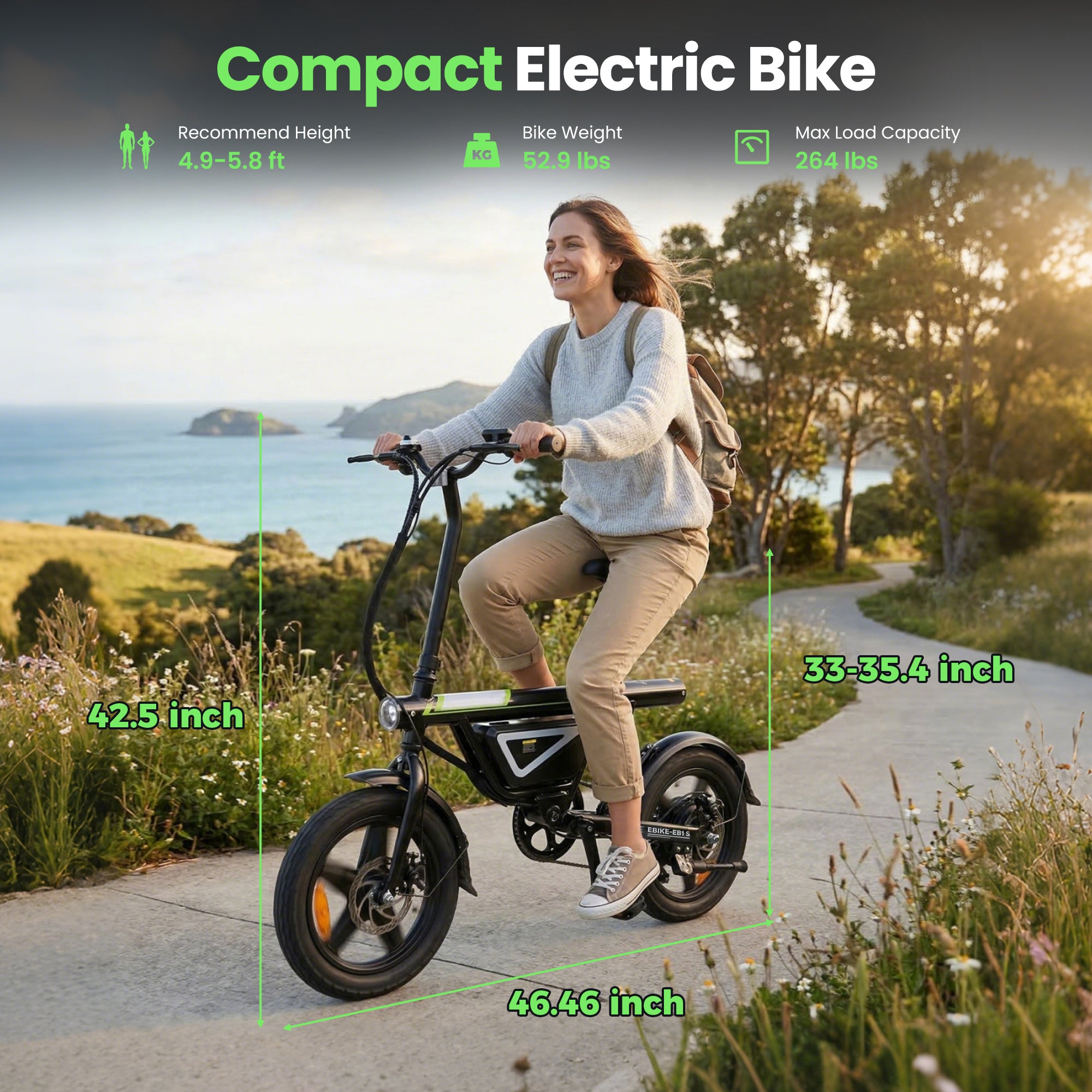 AYOLNY Electric Bike for Adults, 1500W Peak Motor 14" Foldable Electric Bike, 50 Miles Range 36V Battery Electric Bicycle for Commuting